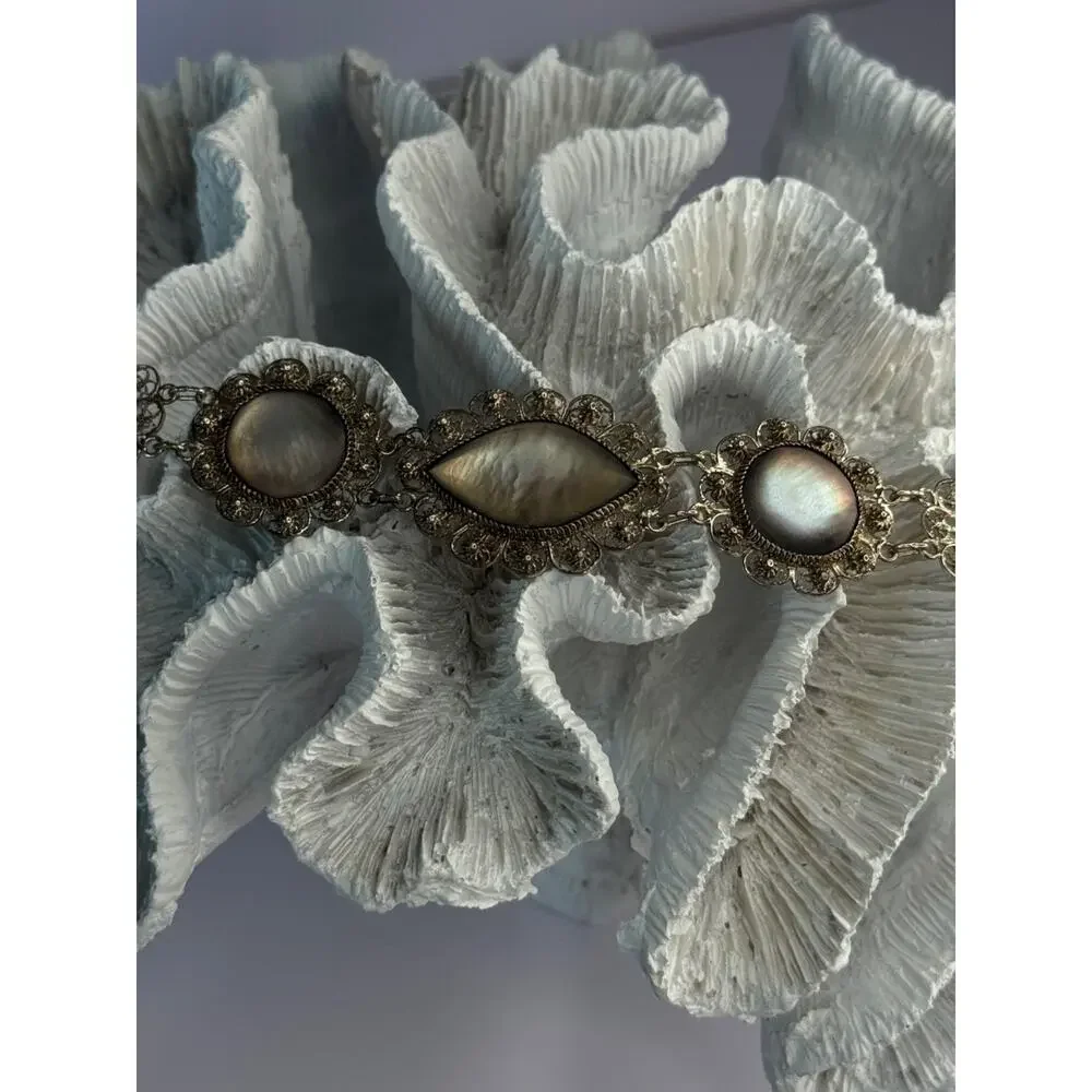 Vintage Beautiful 925 Sterling Silver Abalone Bracelet Length 7